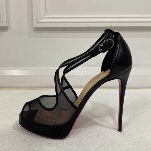 New Christian L black leather fishnet open toe platform high heels sandals - Picture 5 of 8